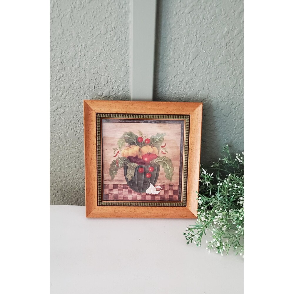 Rustic Wooden Framed Fruit Bowl Print Folk Art Valerie Evers Wenk 8" Square Wall